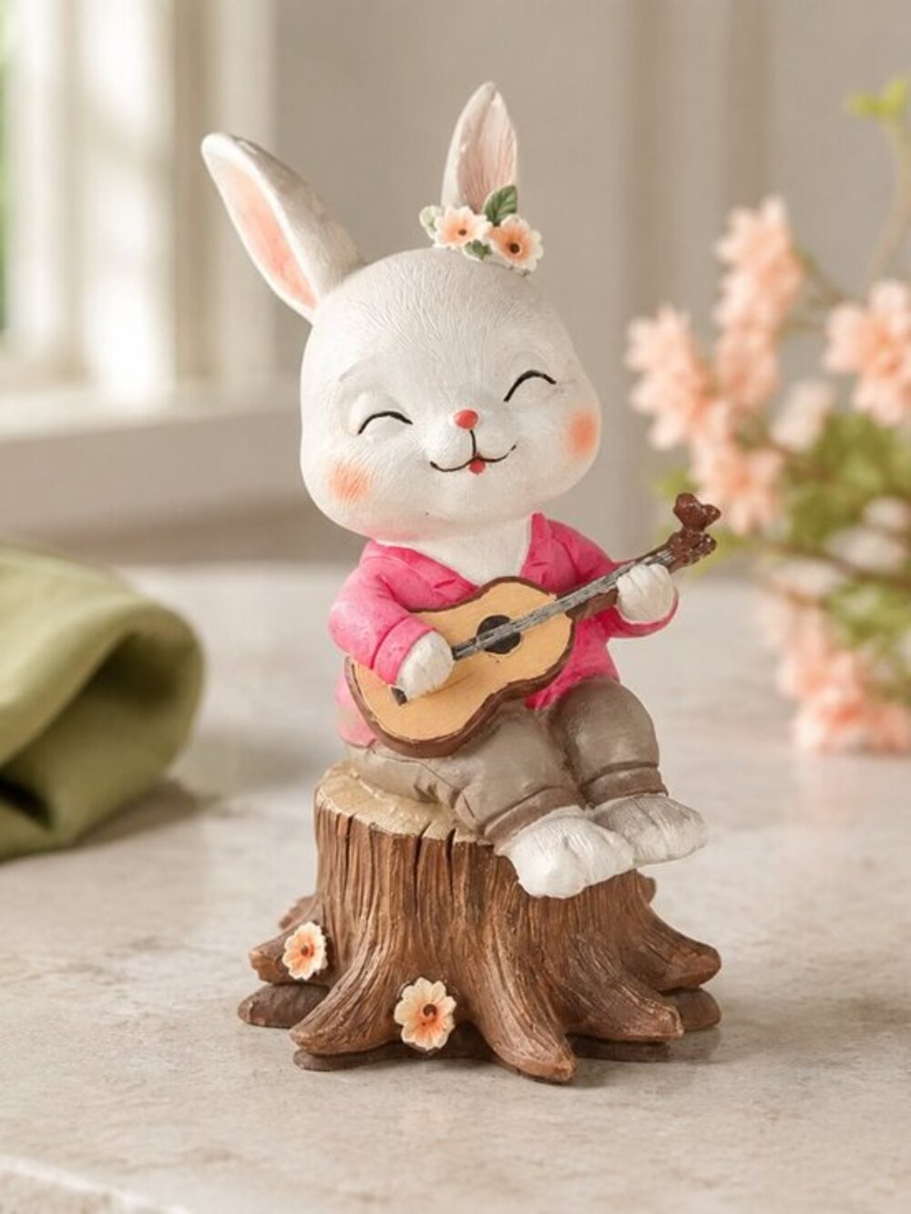Easter Bunny Girl Playing Guitar Figurine Spring Tabletop Decor NWT